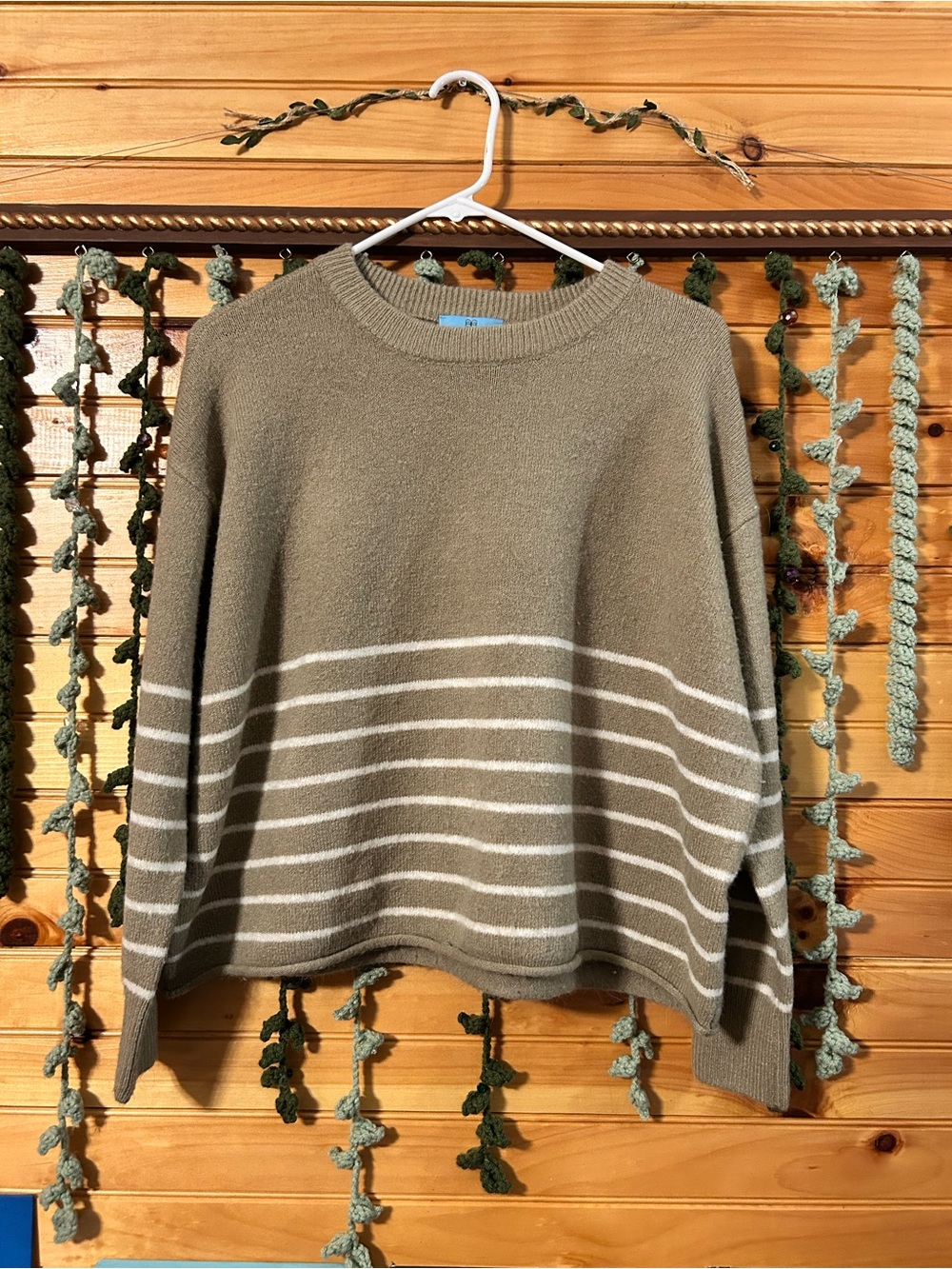 CeCe Olive and White Striped Crewneck Sweater